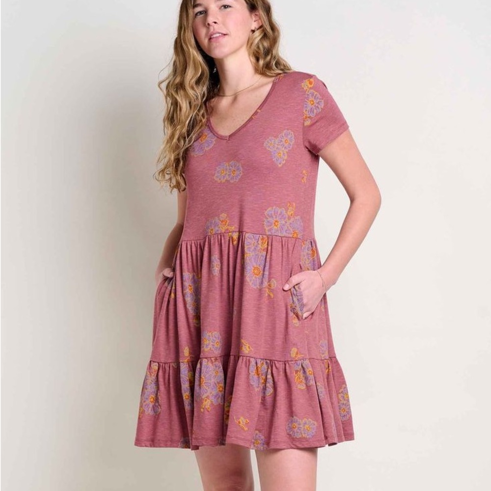 Toad & Co Marley Tiered SS Dress Size S Purple Agate Zinnia Print Pockets - Picture 2 of 10